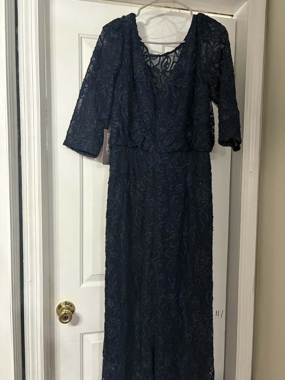 JS Collections Navy Beaded Lace Long Sleeve Gown